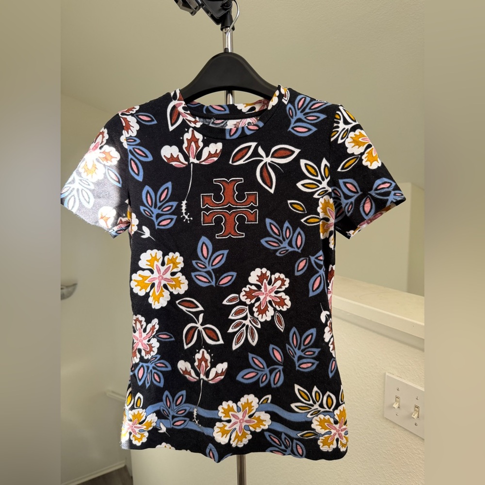 Floral Logo Tee in Black with Blue, Yellow & Pink Accents